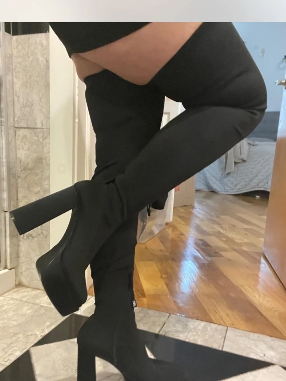 Over-the-Knee Black Platform Block Heel Boots - Women